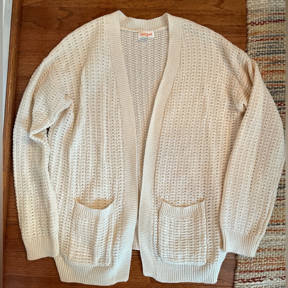 Cat & Jack Girls Cream Pointelle Open Front Cardigan Sweater, Size XL 14